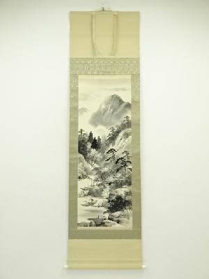 中田欣象筆　水墨山水　肉筆絹本掛軸（共箱）